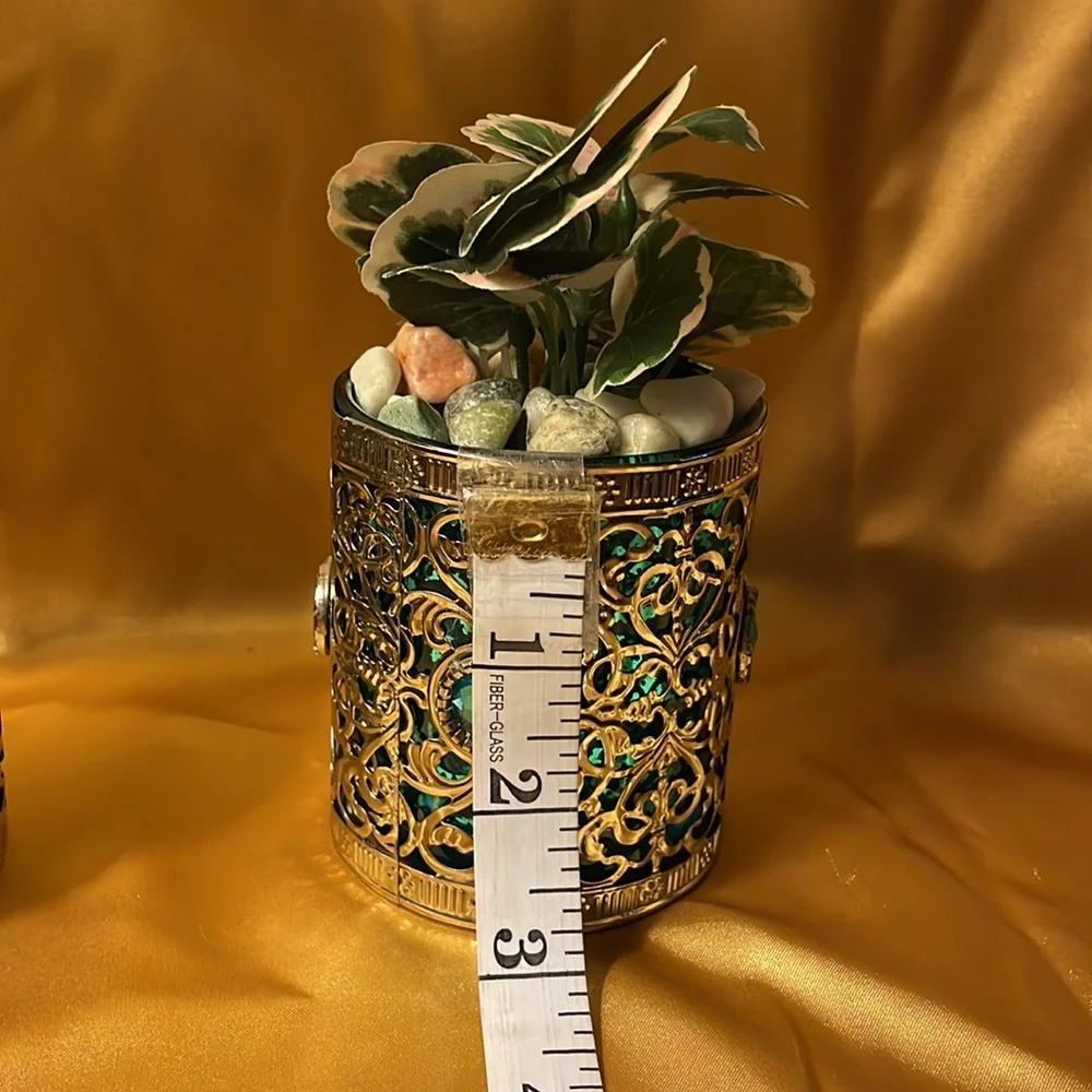 The Bombay Company metal over pair of teal glass w/teal jewels & fake greenery